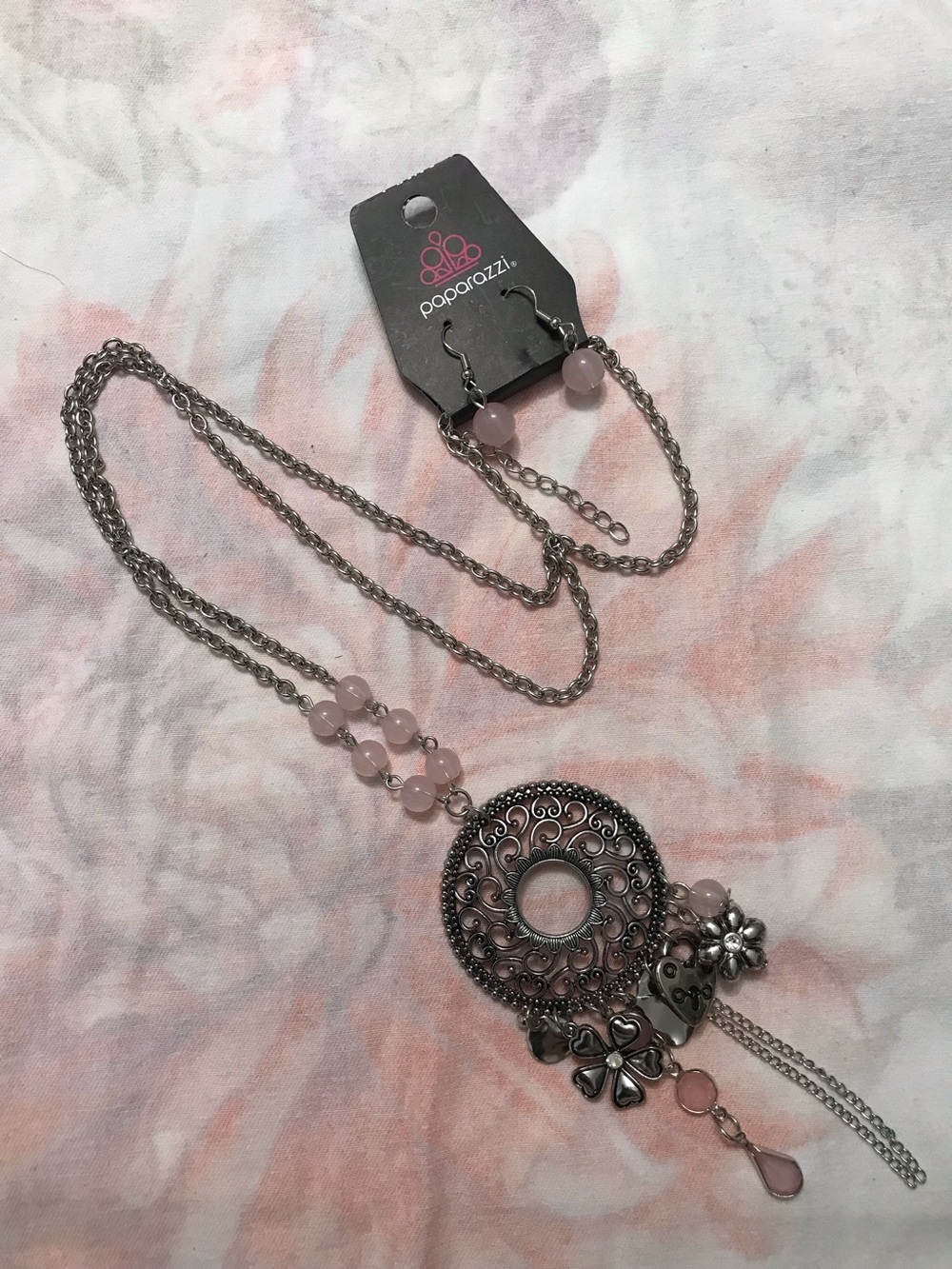 Paparazzi Silver Tone Light Pink Beads Western Style Earrings Necklace Set 30”